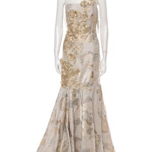 NWT Rickie Freeman Teri Jon silver shantung satin gold flowers applique gown 14